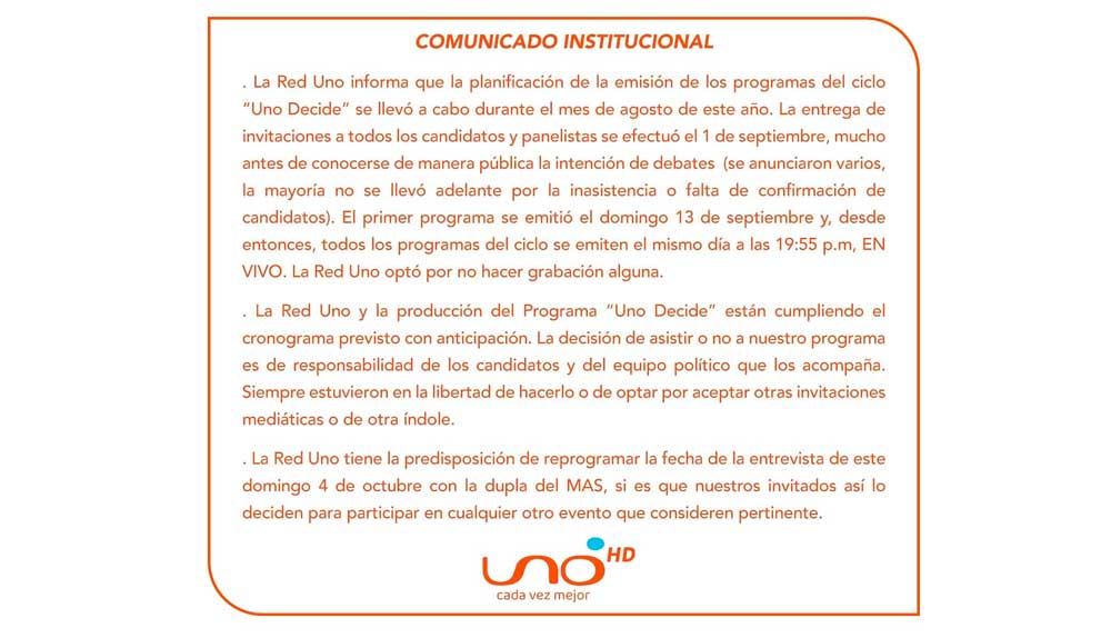 Lee más sobre el artículo Red Uno dispuesta a cambiar fecha de entrevista con Arce, tras pedidos de que facilite debate