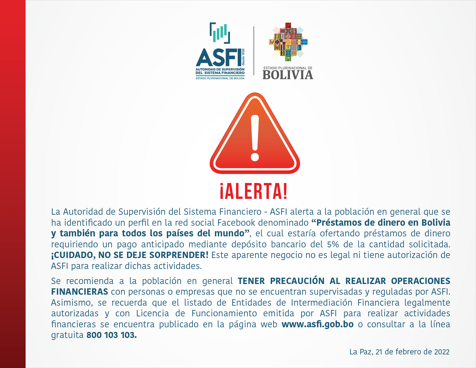 Lee más sobre el artículo ASFI alerta sobre negocios ilegales en RRSS y recomienda precaución al realizar operaciones financieras