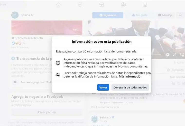 Lee más sobre el artículo Facebook advierte que página de Bolivia TV comparte “información falsa de forma reiterada”